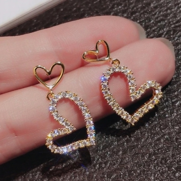 Fashion Jewelry Jewelry - I'LL TRY TO RESTOCK Double Heart Drop Rhinestone Earrings Gold Tone S925